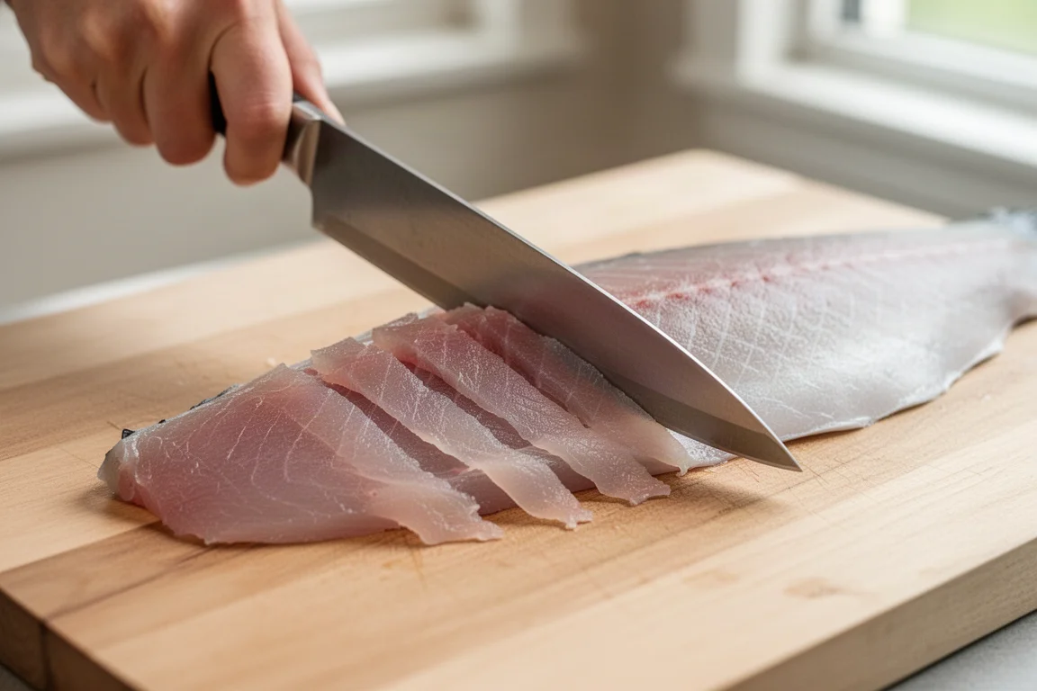 Schneiden dünner Scheiben rohen Fischs auf einem Holzbrett in einer hellen Küche