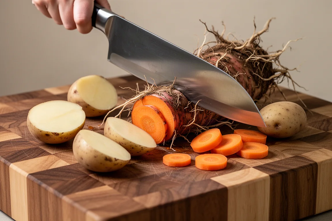 Schweres Kochmesser hackt Wurzelgemüse auf einem Butcherblock