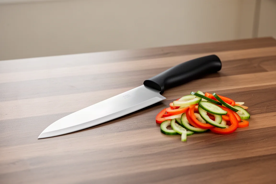 Hybrid-Santoku-Messer mit japanischem Klingenprofil und deutschem Griff auf einer Küchenarbeitsplatte