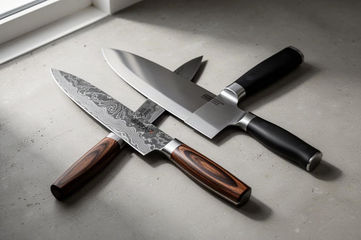 Japanese knife with Damascus blade next to a German santoku knife on concrete