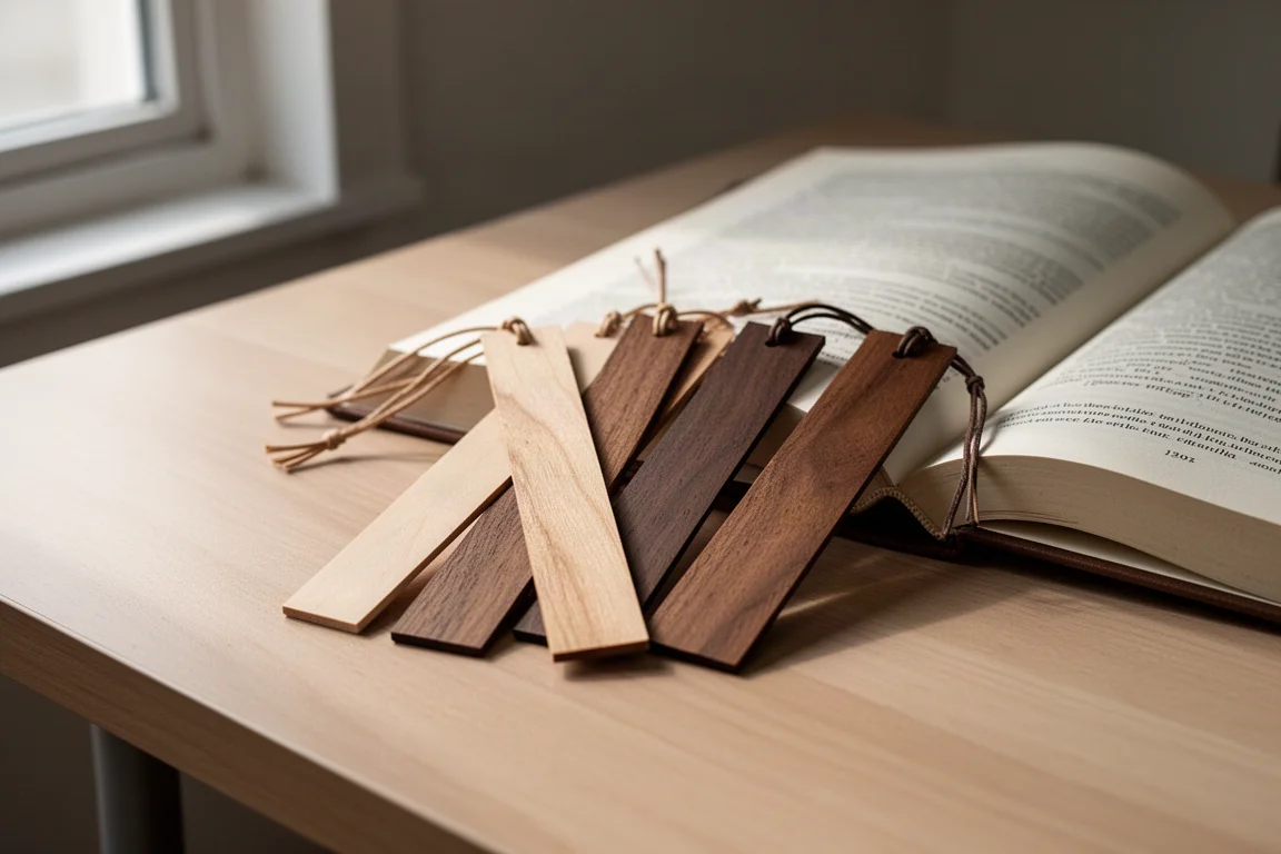Dünne Holz-Lesezeichen in verschiedenen Holztönen, fächerförmig auf einem Schreibtisch ausgelegt
