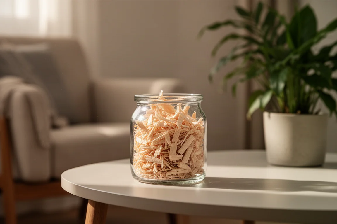 Kleine Glasflasche gefüllt mit Holzspänen neben einer ruhigen Leseecke