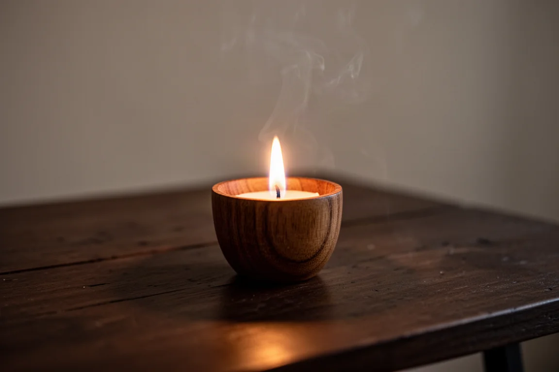 Kleine brennende Kerze leuchtet abends warm auf einem Holztisch