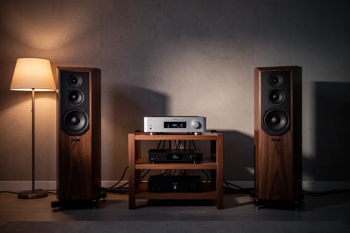 Amplificateur haut de gamme sur un rack en bois dans une pièce d'écoute tamisée avec enceintes colonnes