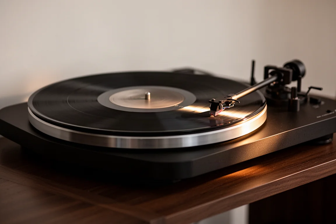 Platine vinyle jouant un disque vinyle avec bras abaissé, éclairage latéral chaleureux