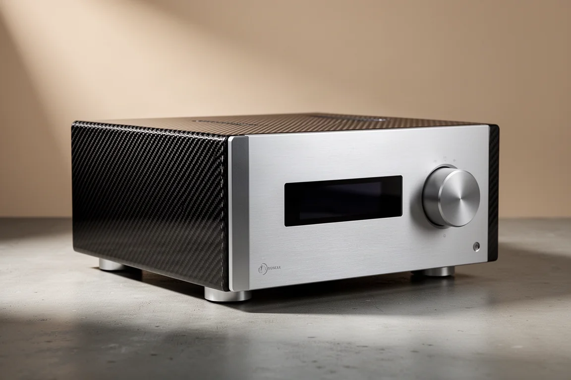 Carbon fiber and aluminum integrated amplifier photographed at a three-quarter angle on concrete