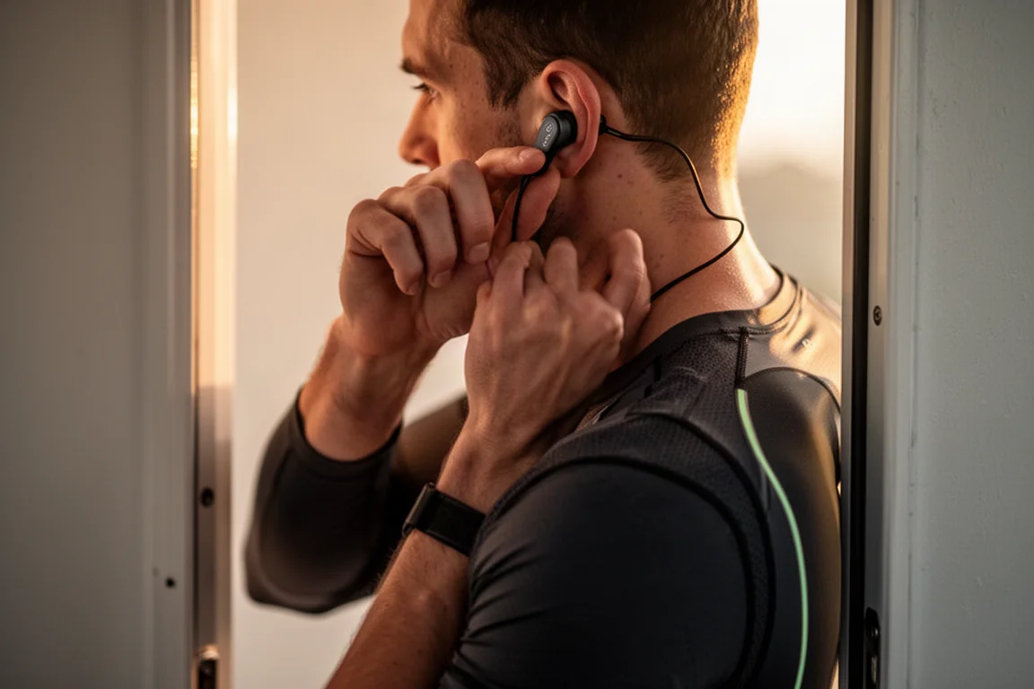 Un runner sistema l'auricolare prima di uscire in una fresca mattina