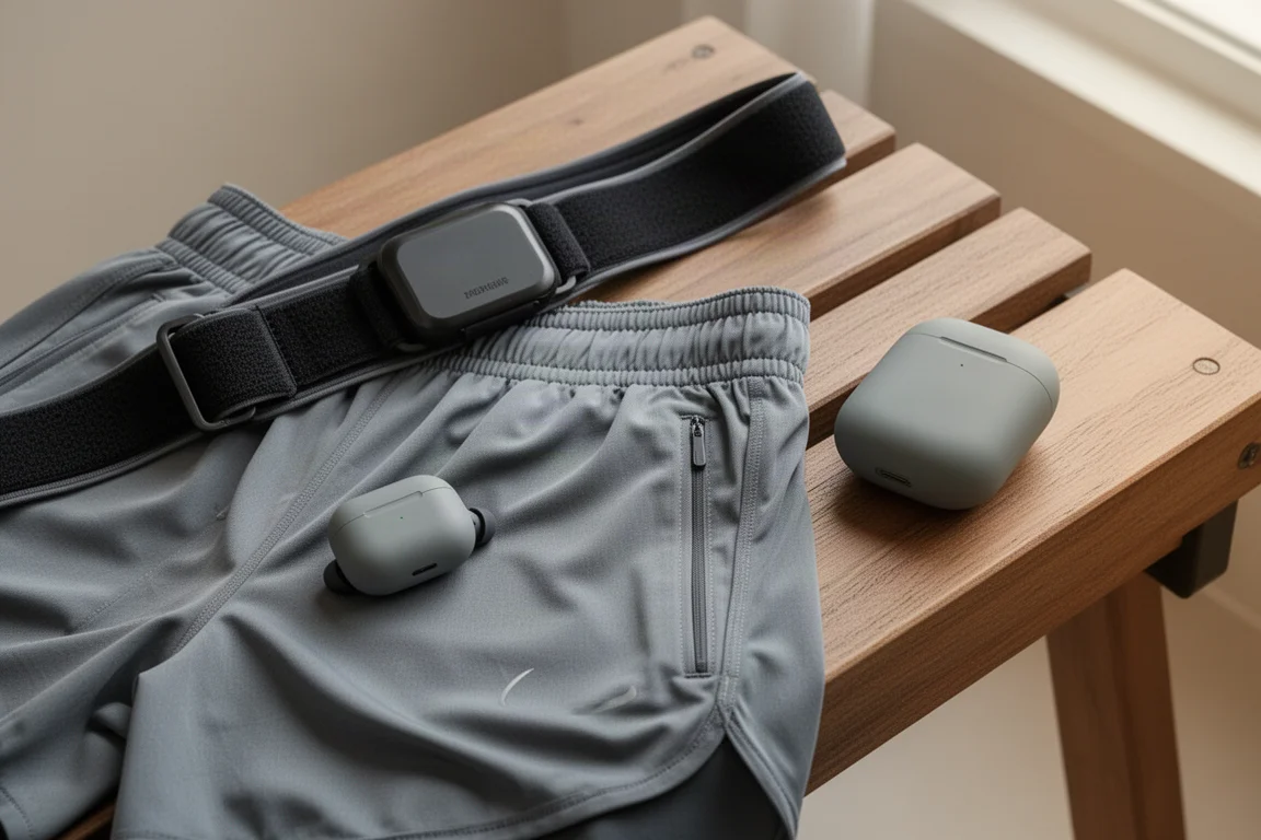 Due custodie per cuffie wireless appoggiate nella tasca di una cintura da corsa