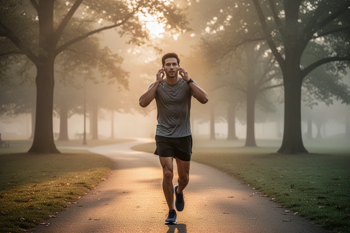 Un runner in pausa lungo il percorso controlla l'auricolare su un sentiero tranquillo