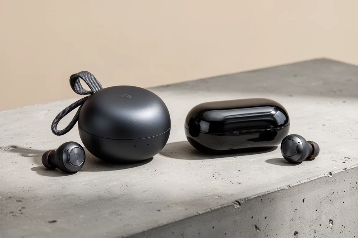 Jaybird Vista 2 and Beats Fit Pro earbuds and cases side by side on concrete