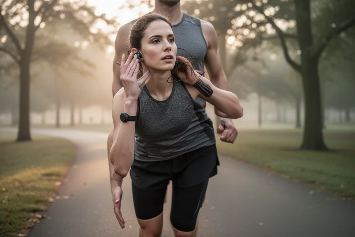 Runner placing a sport earbud in ear before a morning run