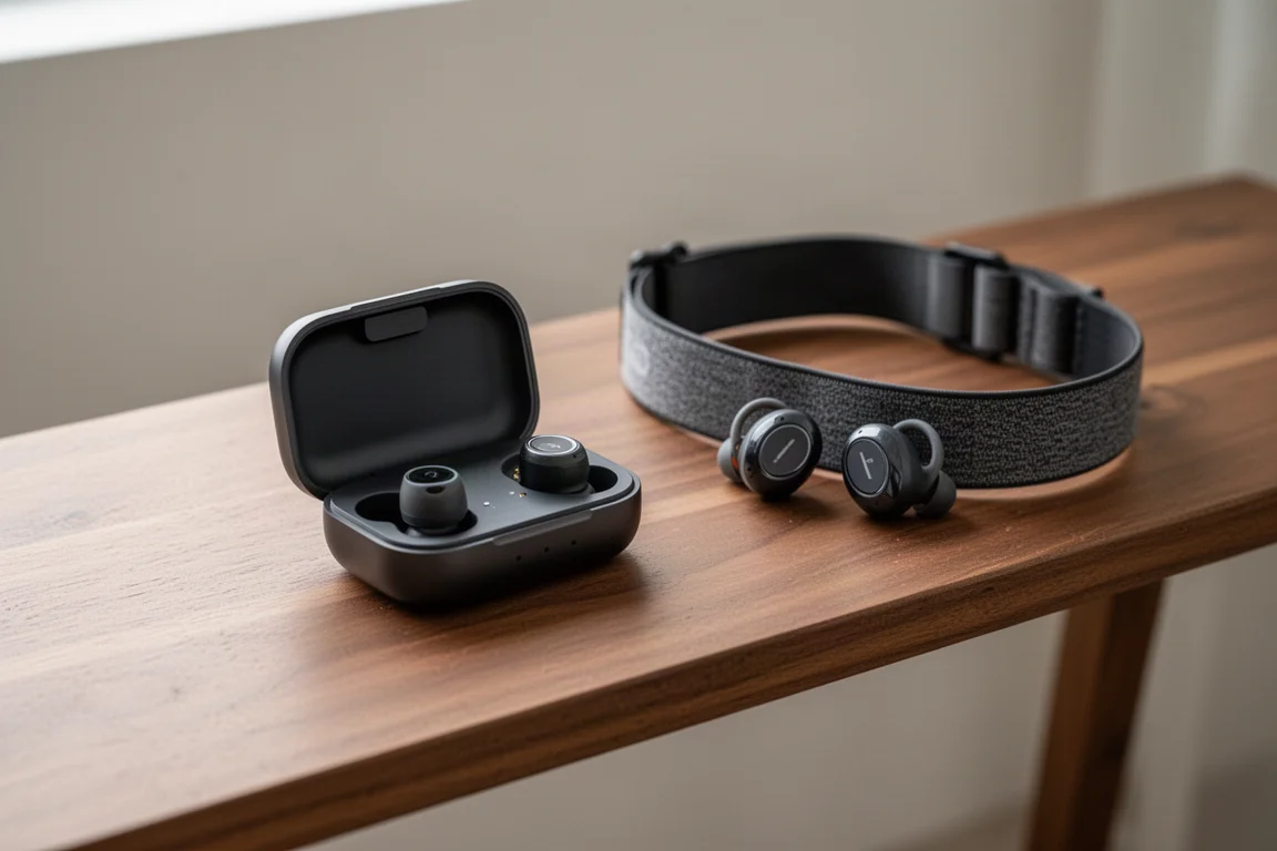 Open charging case with two earbuds on a wooden bench