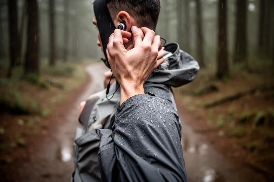 Runner adjusting earbud during rainy trail run