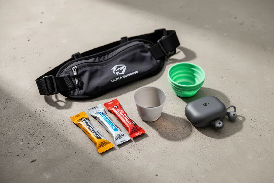 Running vest and belt laid out with small accessories at an aid station