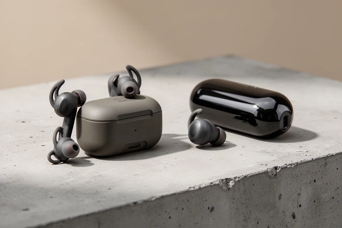 Two pairs of sport true wireless earbuds with charging cases on a concrete surface