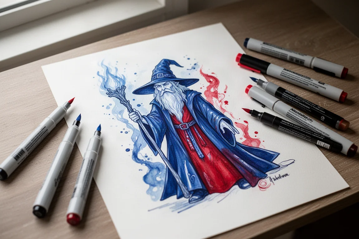 Dłoń kolorująca wydrukowaną ilustrację czarodzieja markerami alkoholowymi na papierze do markerów
