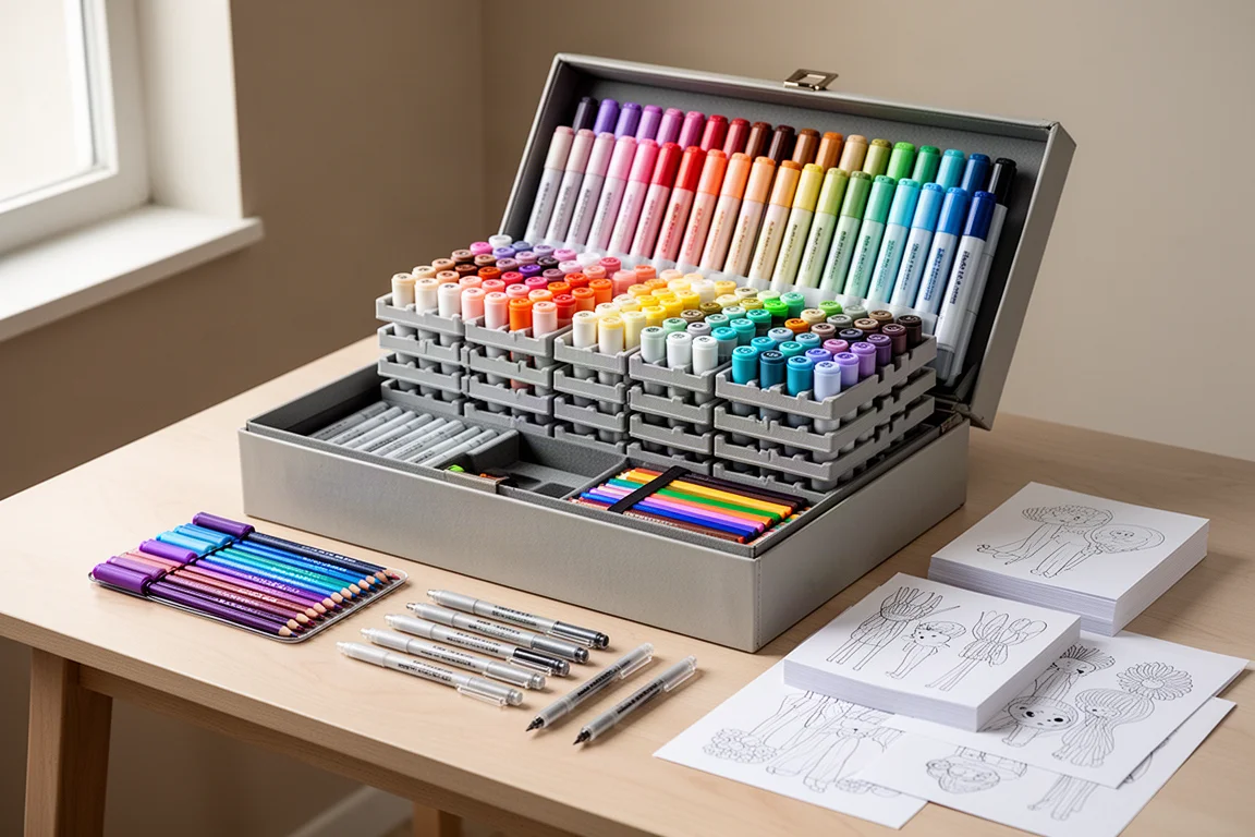 Scatola d'arte aperta con vassoi di marker impilati, matite colorate, fineliner e carta per marker su una scrivania in legno