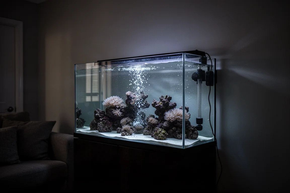 Stanza in penombra durante un blackout con un acquario di barriera illuminato solo dalla luce ambientale e bolle in superficie