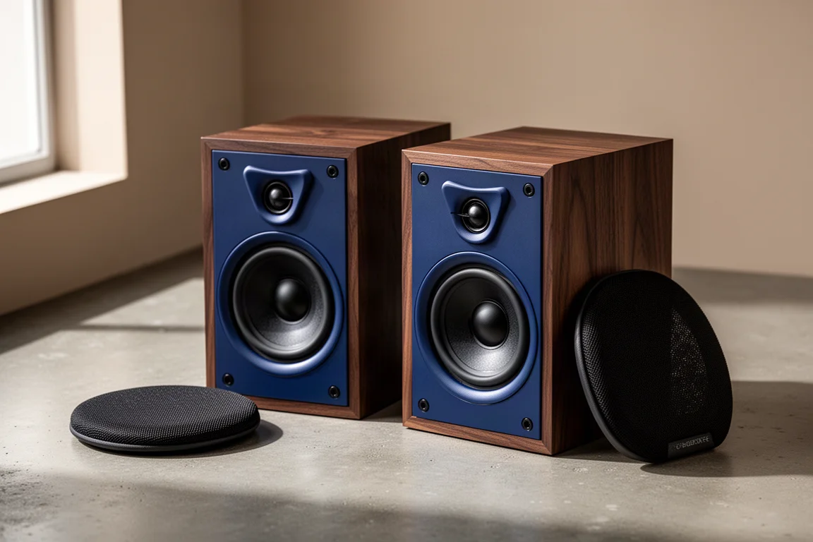 Two compact wood veneer bookshelf speakers with exposed horn drivers on a concrete surface