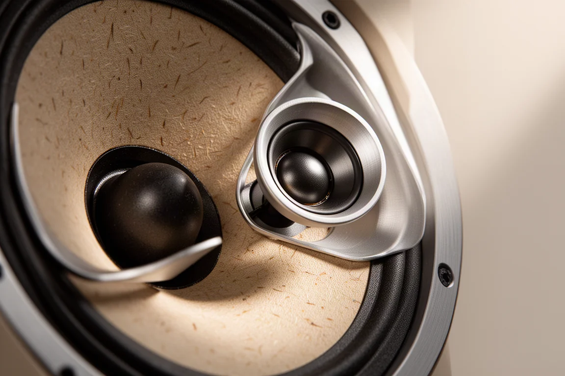 Amplificatore stereo con manopola e indicatori luminosi su una mensola in legno con cavi