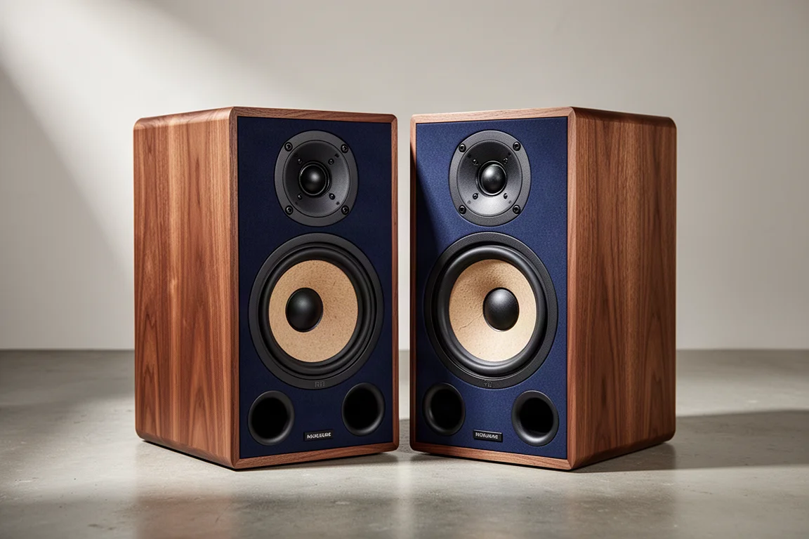 Pair of wood-veneer two-way bookshelf speakers on stands in a warm listening room
