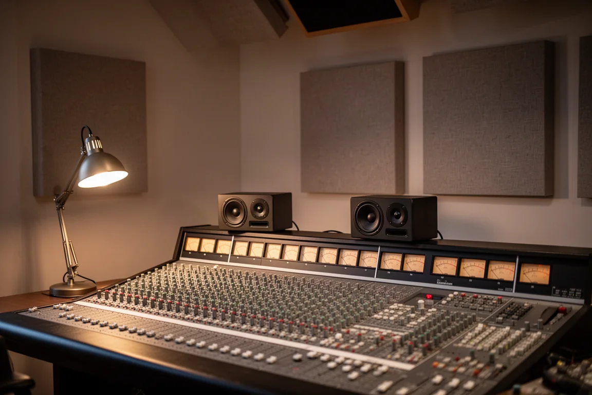 Sala di controllo di uno studio di registrazione al crepuscolo con console di missaggio e diffusori monitor
