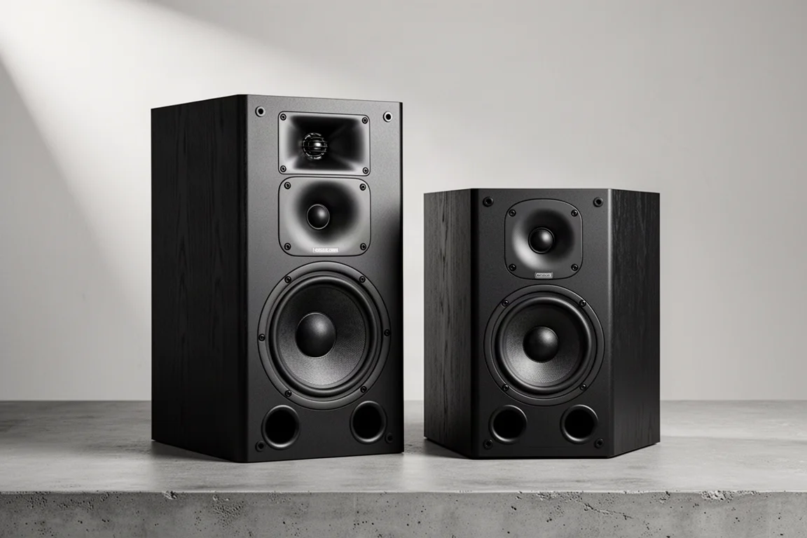 Two black JBL powered bookshelf loudspeakers on a matte concrete surface