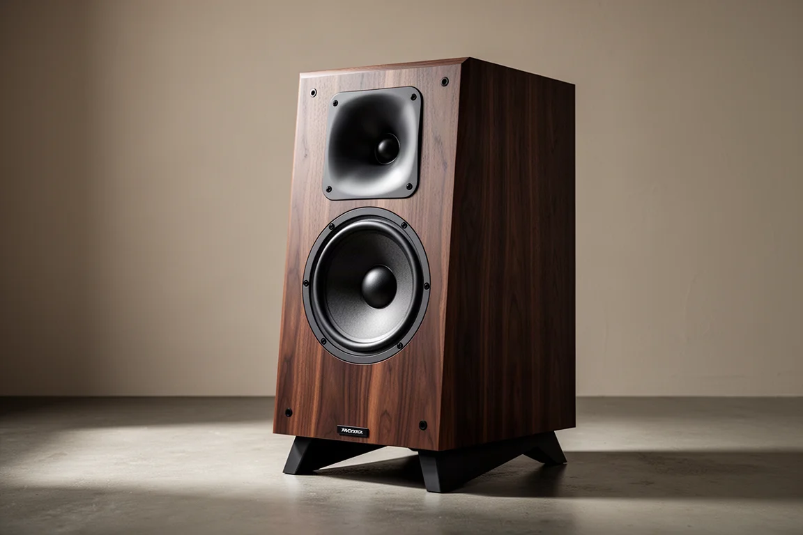 Large retro-styled standmount loudspeaker on a tilted stand in a quiet listening room