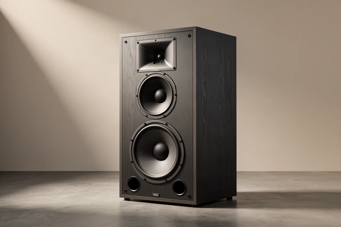 Large retro-inspired two-way loudspeaker with a 15-inch woofer and horn-loaded driver on a concrete floor