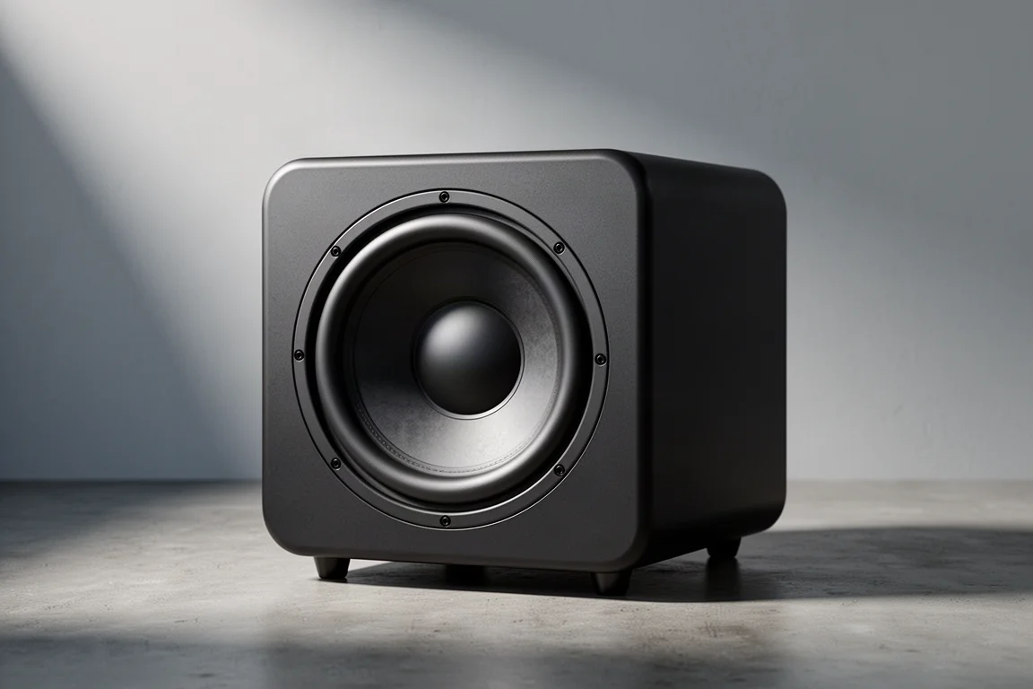 Sealed black 10-inch home theater subwoofer on a concrete floor against a grey wall