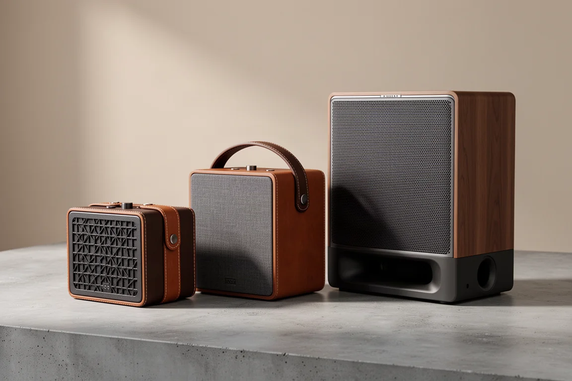 Three JBL Authentics speakers of increasing size in a row on a concrete surface