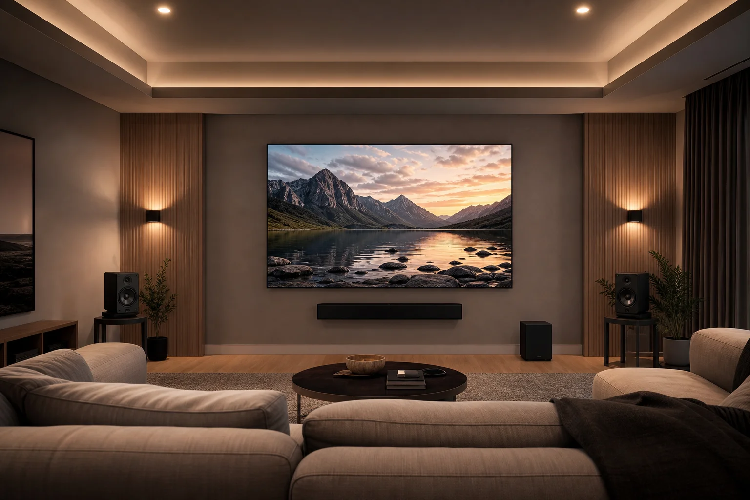 配備大型螢幕與 Soundbar 的家庭劇院空間