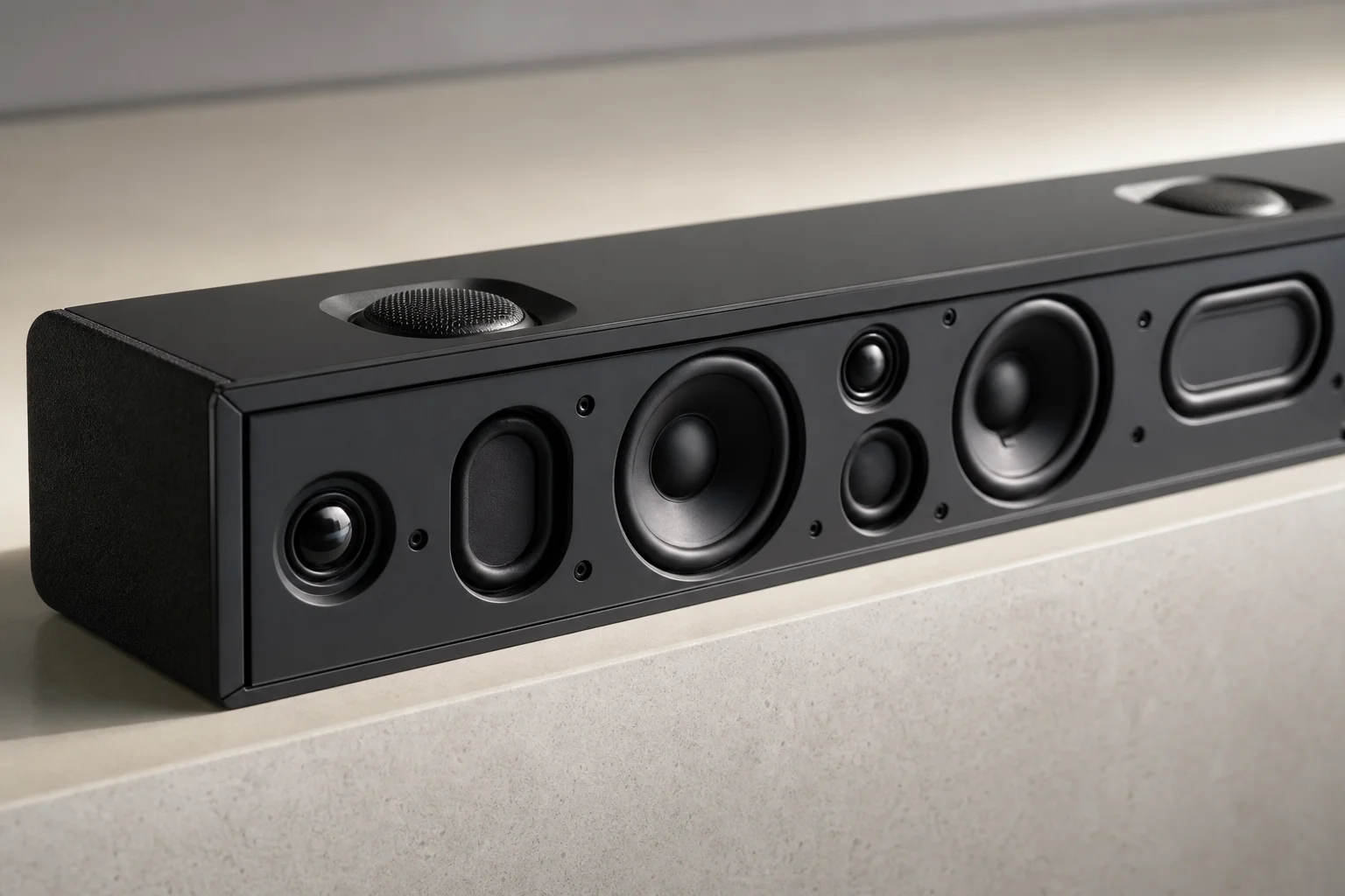 Soundbar 前面板特寫，展示單體配置
