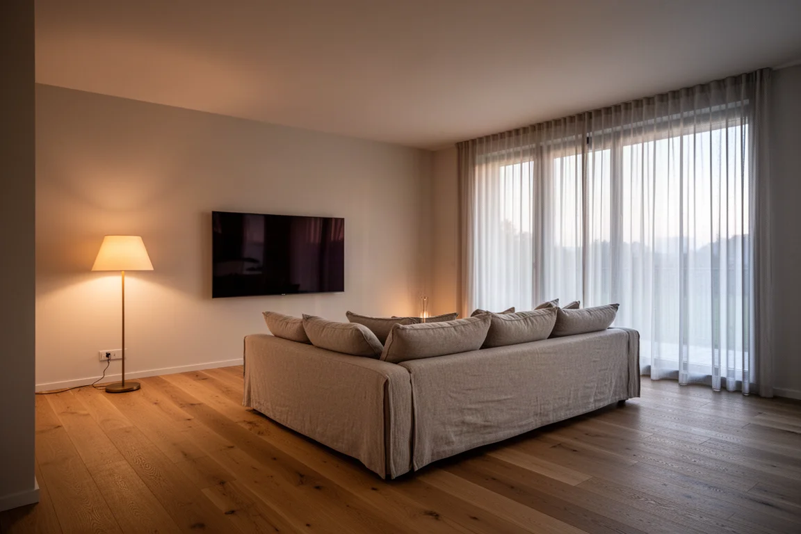 Soundbar sotto un televisore montato a parete con due piccoli diffusori surround su tavolini laterali