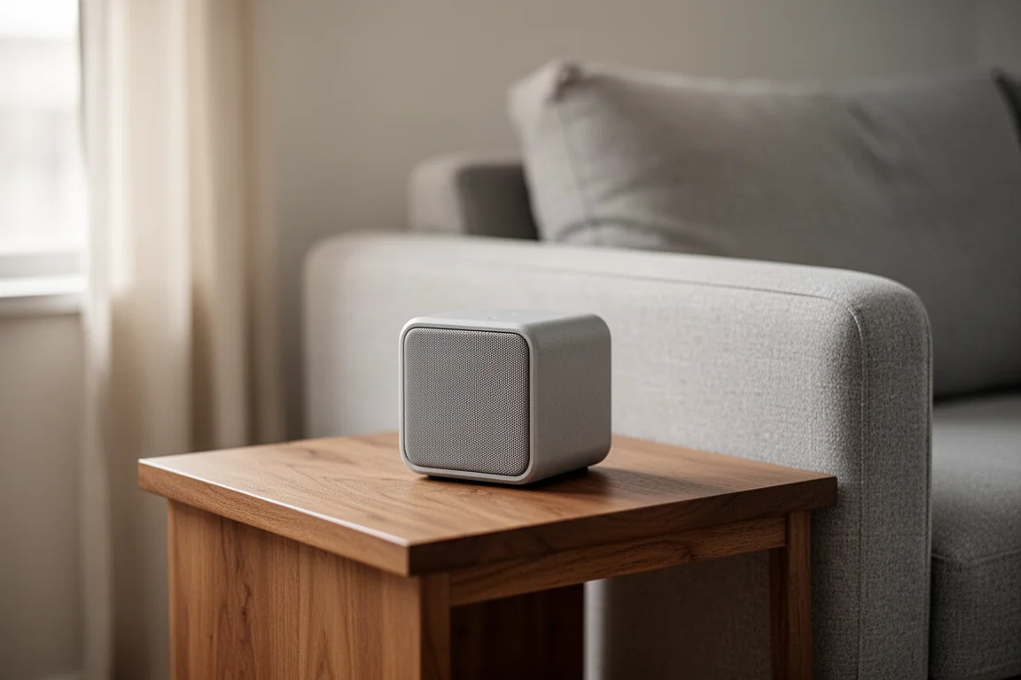 Diffusore surround staccato su uno scaffale con cavo di ricarica USB-C collegato