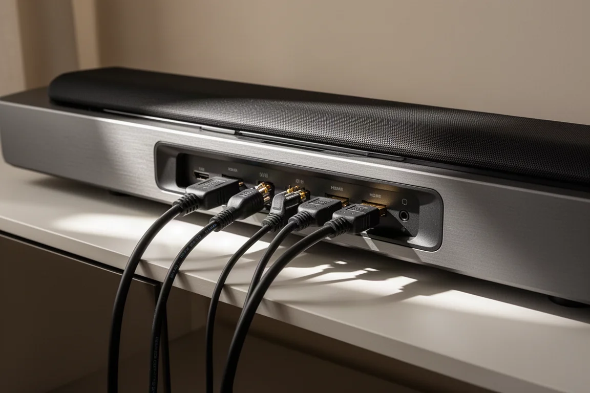 Pannello posteriore di connessione di una soundbar con porte HDMI, ottica ed ethernet e cavi