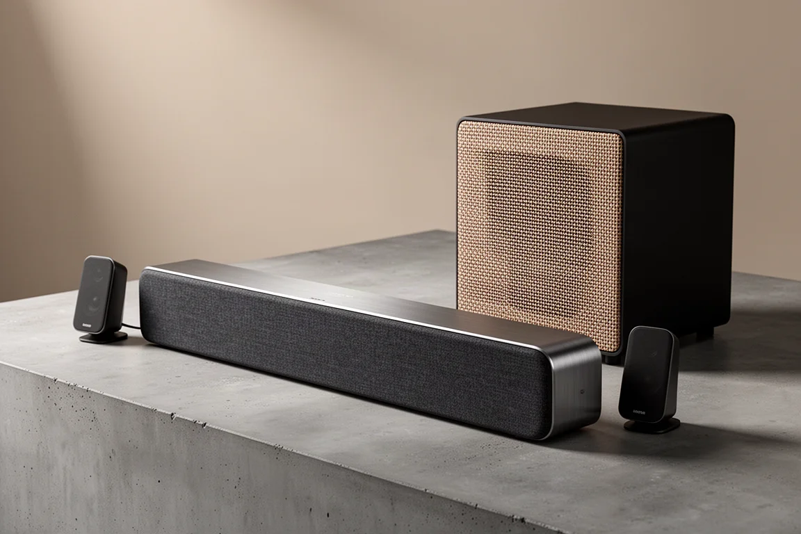 Black soundbar on a walnut console with detached surround speakers and a subwoofer