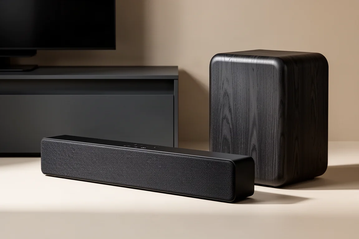 JBL Bar 5.1 soundbar and wireless subwoofer on a charcoal media console