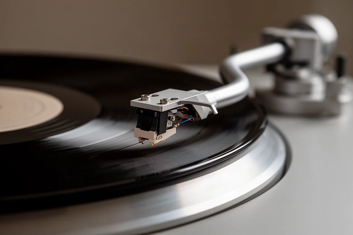 Primer plano de un brazo de lectura en forma de S y un portacápsulas sobre un disco de vinilo