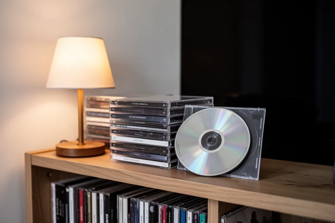 Estantería de discos compactos junto a una lámpara de mesa cálida en una habitación con poca luz