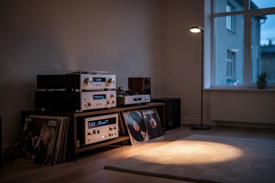 Sala de escucha en penumbra al atardecer con un rack de alta fidelidad y una lámpara de pie cálida