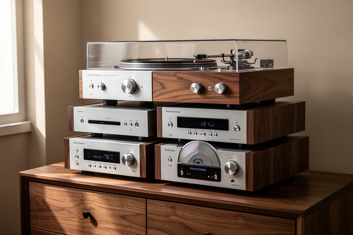 Vintage-styled hi-fi stack of four components on a walnut sideboard
