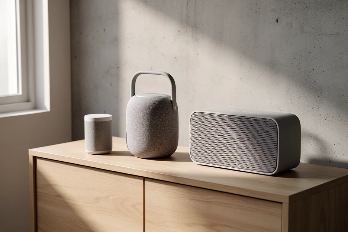 Three wireless home speakers of different sizes arranged on a pale oak sideboard