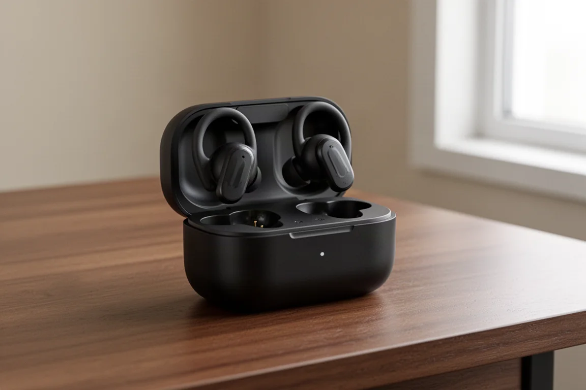 Custodia di ricarica aperta con gli auricolari appoggiati all'interno su una scrivania in legno