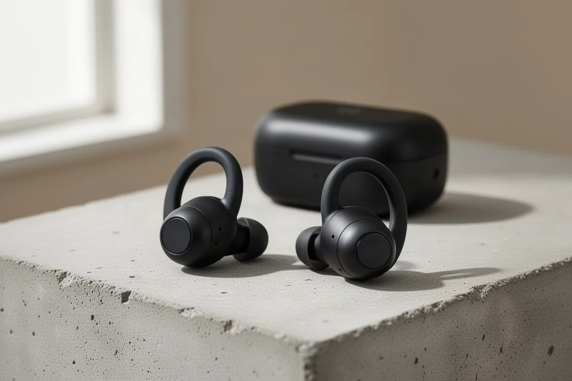 JBL Endurance Peak 4 ear hook earbuds with charging case on grey concrete