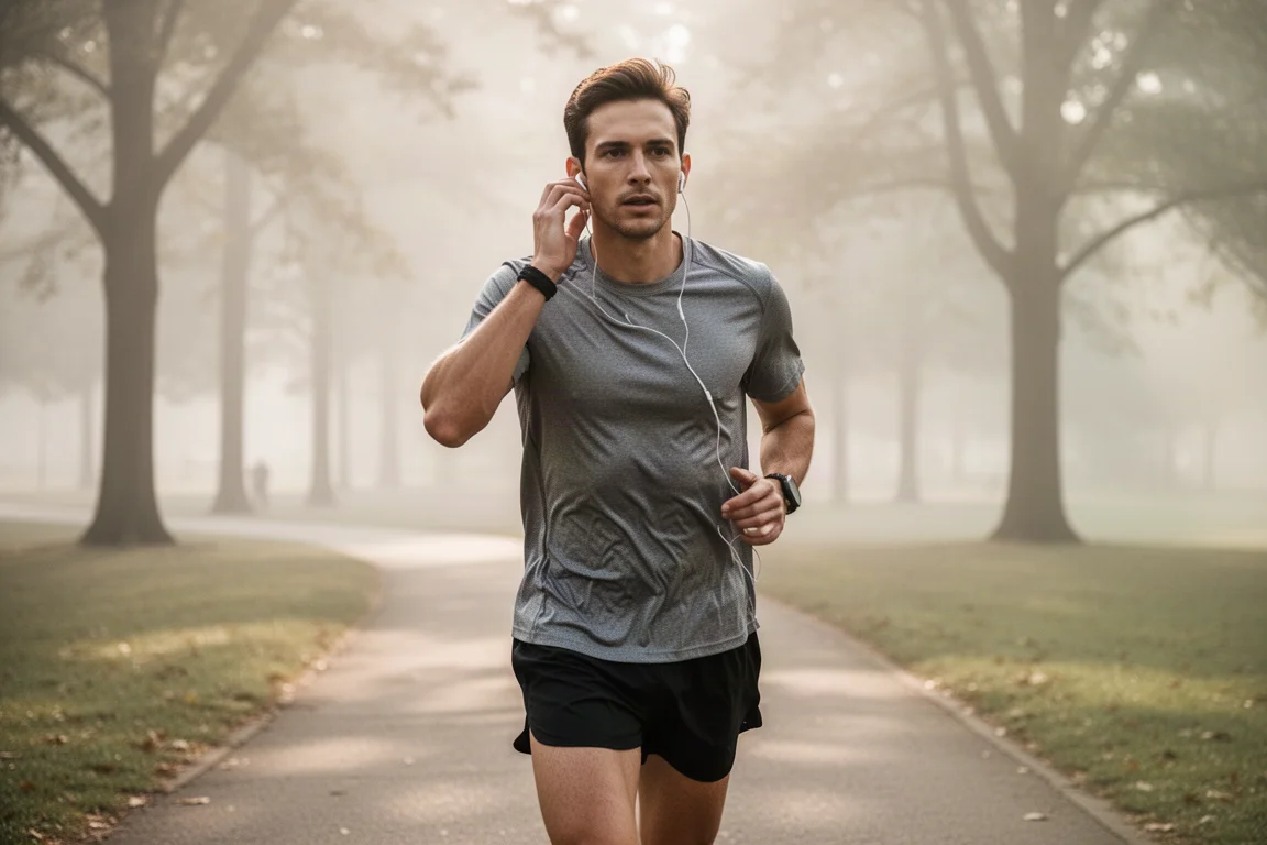 Runner pausing mid-jog on a paved path checking an earbud