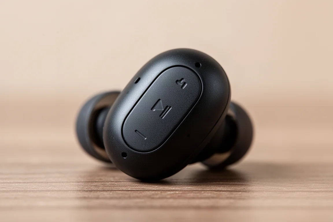 Close-up of touch controls on a sports earbud