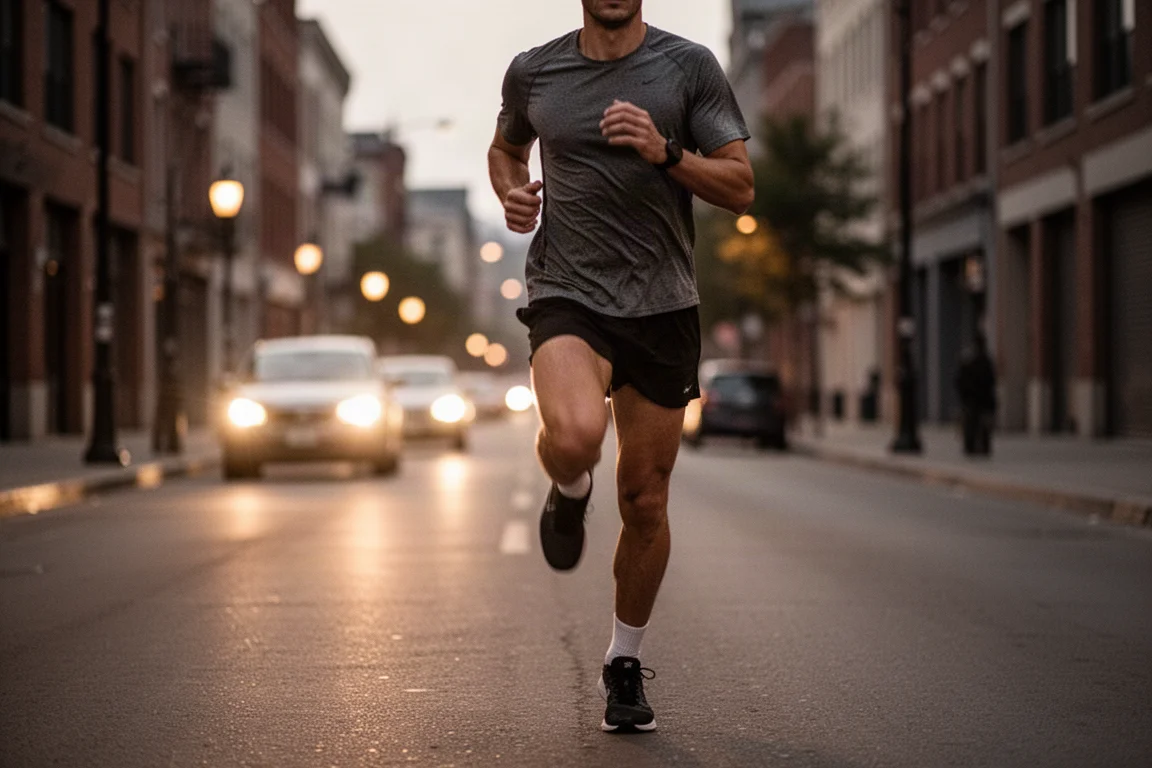 Jogger running alongside a quiet urban street at dusk