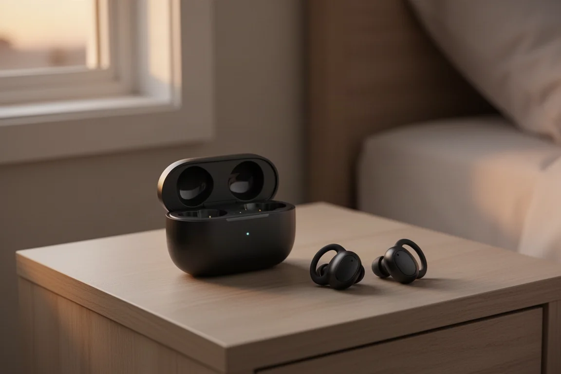 Charging case and earbuds resting on a bedside table