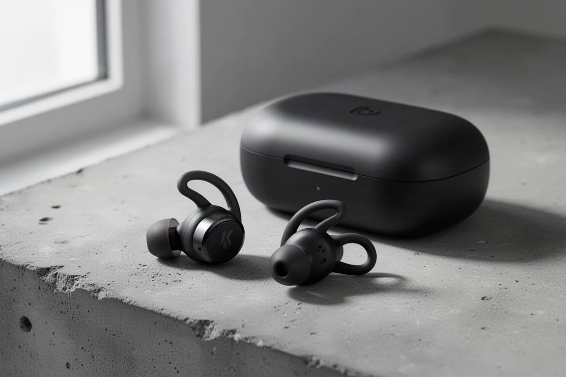 Black in-ear sports earbuds with silicone wings beside their charging case on concrete